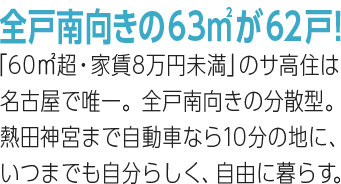 全戸南向きの63㎡が62戸！「60㎡超・家賃8万円未満」のサ高住は名古屋で唯一。全戸南向きの分散型。熱田神宮まで自動車なら10分の地に、いつまでも自分らしく、自由に暮らす。