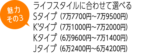 ライフスタイルに合わせて選べるSタイプ（7万7700円～7万9500円）K'タイプ（7万1000円～7万2000円）Kタイプ（6万9600円～7万1400円）Jタイプ（6万2400円～6万4200円）