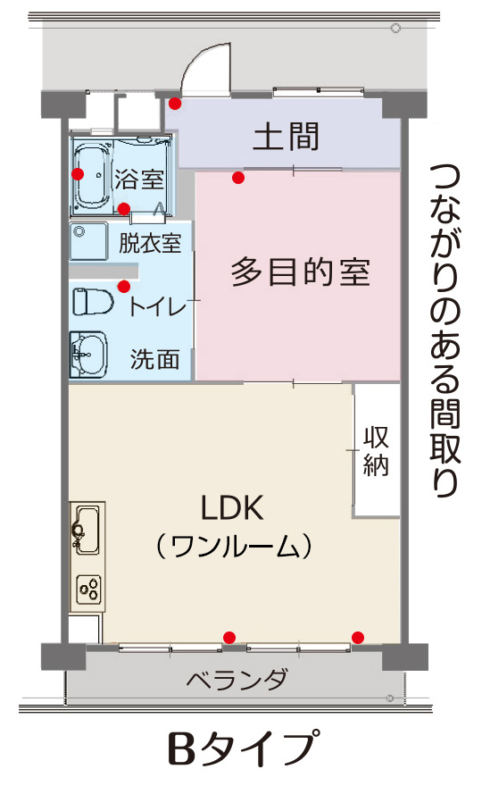LDKをワンルーム感覚で使って、多日的室を独立した客間や趣味の部屋にもできる1LDK